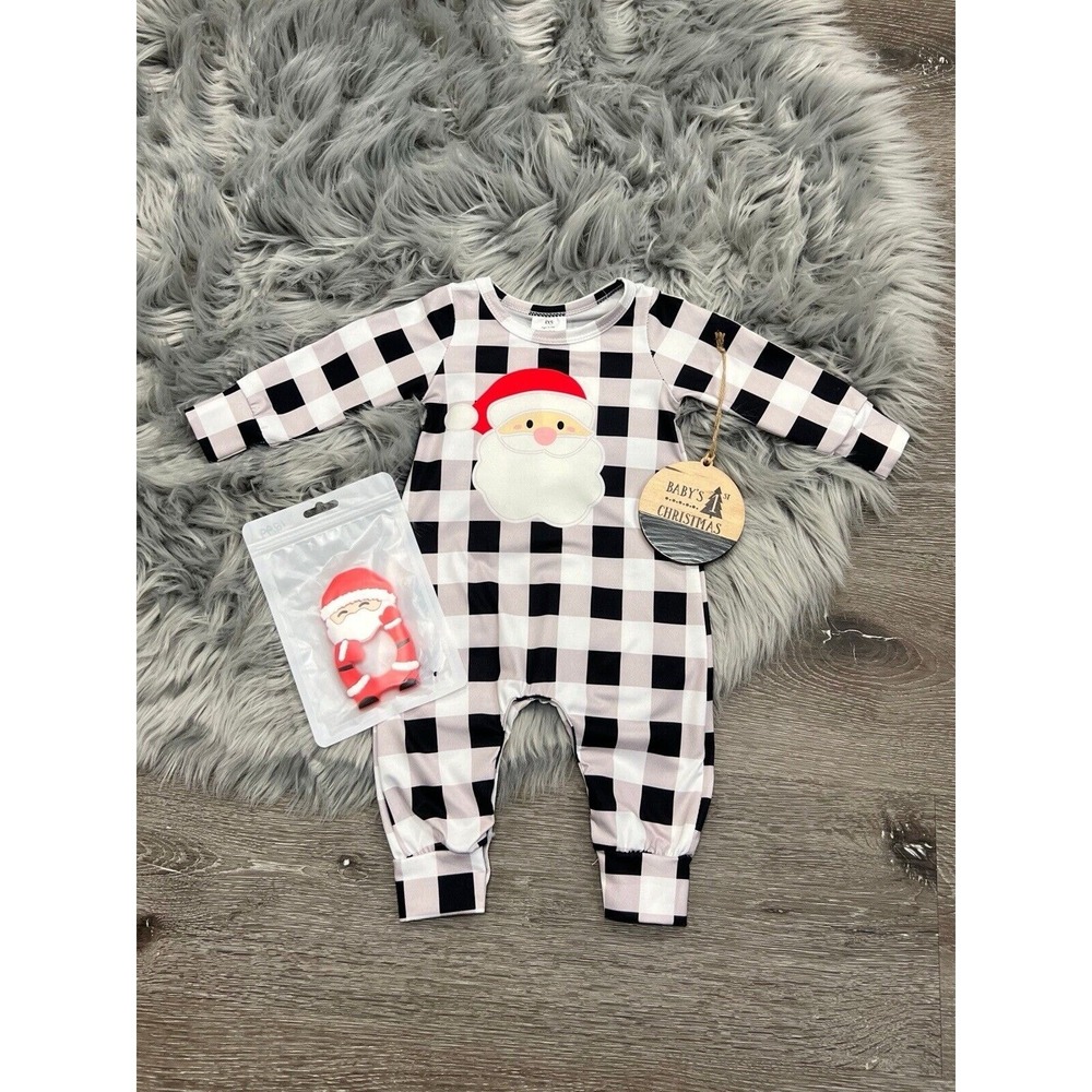 Boutique Checkered Santa Romper Unisex 3-6 Month